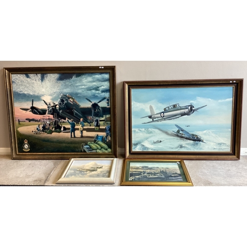 103 - A selection of four various military aeroplane and aeronautic framed pictures by Terry Harrison and ... 