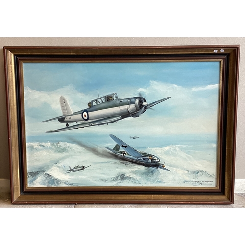 103 - A selection of four various military aeroplane and aeronautic framed pictures by Terry Harrison and ... 