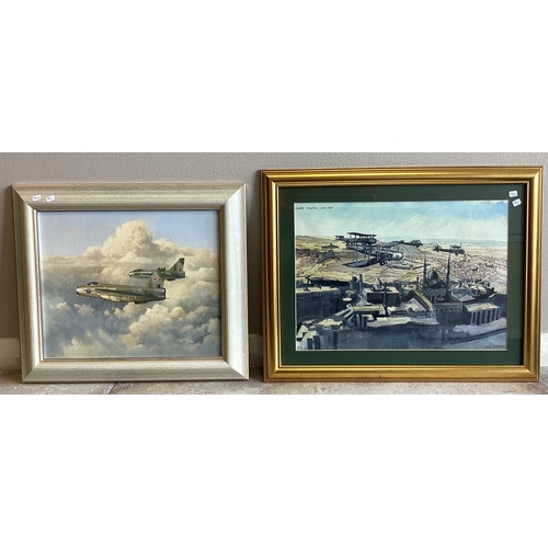 103 - A selection of four various military aeroplane and aeronautic framed pictures by Terry Harrison and ... 