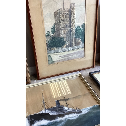 106 - A selection of six framed pictures and prints to included a pencil drawing of Hadley Church, Hertfor... 