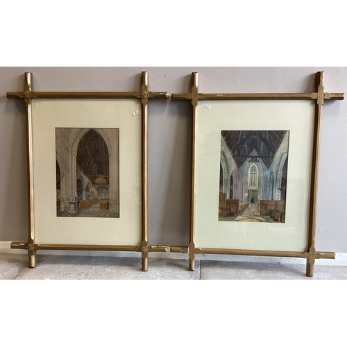 109 - A pair of uniquely gilt framed and glazed watercolours depicting the interior of St Mary Church, Mon... 