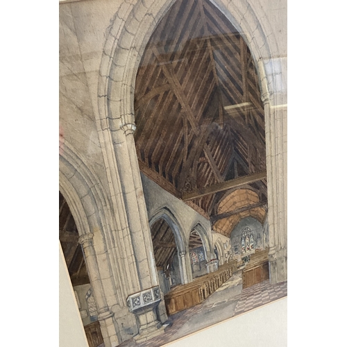 109 - A pair of uniquely gilt framed and glazed watercolours depicting the interior of St Mary Church, Mon... 