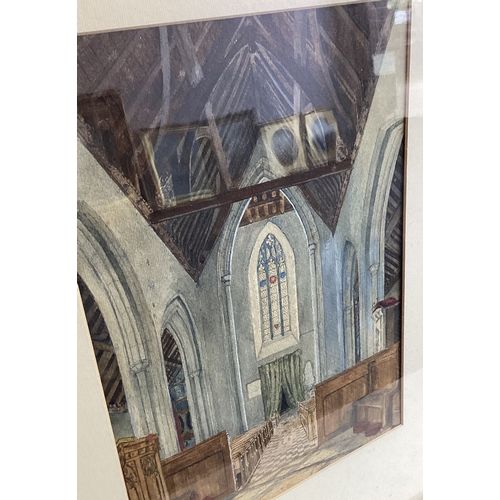 109 - A pair of uniquely gilt framed and glazed watercolours depicting the interior of St Mary Church, Mon... 