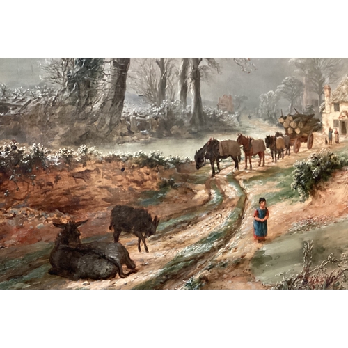 115 - A large picture depicting a woodcutters cottage scene with horses and cart and figures by a stream. ... 