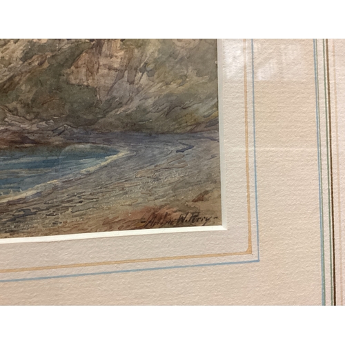 12 - ARTHUR W. PERRY: (British, 1908 - 1938): A framed and glazed watercolour depicting a coastal cliff s... 