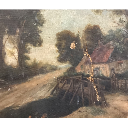 126 - An unframed oil on canvas depicting a cottage by a bridge with fishermen at the stream beside, paint... 