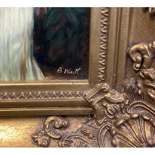 127 - A gilt framed B West competent copy of a woman with child looking at flowers. Approx. 11..5 cms x 16... 