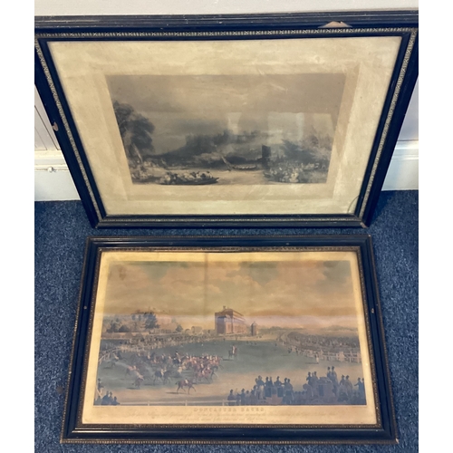 133 - Two old framed and glazed prints depicting Doncaster races and boats on a river entitled 'The Celebr... 