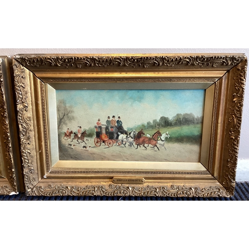 136 - A pair of gilt framed oils on board depicting horse and hound hunting scenes with coaches. Apparentl... 