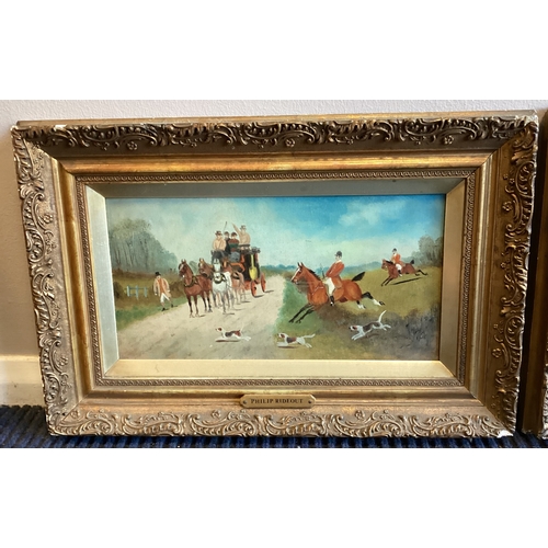 136 - A pair of gilt framed oils on board depicting horse and hound hunting scenes with coaches. Apparentl... 