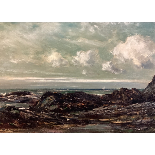 144 - J LAURENCE HART: (British, 1830 - 1907): A gilt framed oil on canvas depicting a rocky coastal lands... 