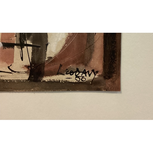 147 - LEO DAVY: (British, 1924 - 1987): A wooden framed and glazed watercolour depicting abstract figures.... 