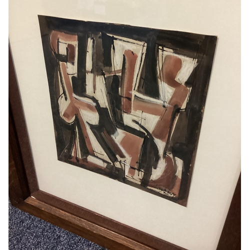 147 - LEO DAVY: (British, 1924 - 1987): A wooden framed and glazed watercolour depicting abstract figures.... 