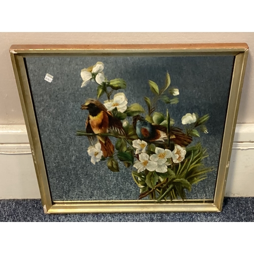 149 - A gilt framed mirror hand painted with birds and flowers. Approx. 41 cms x 41 cms. PROVENANCE: NOEL ... 