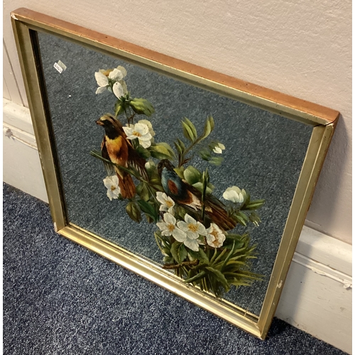 149 - A gilt framed mirror hand painted with birds and flowers. Approx. 41 cms x 41 cms. PROVENANCE: NOEL ... 