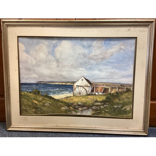 15 - EYRES SIMMONS: (British, 1872 - 1955): A framed watercolour entitled 'Mill By The Sea' depicting a c... 