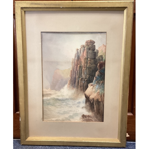 16 - JOHN CLARKSON UREN: (British, 1845 - 1932): A framed watercolour depicting Cornish cliffs. Signed to... 