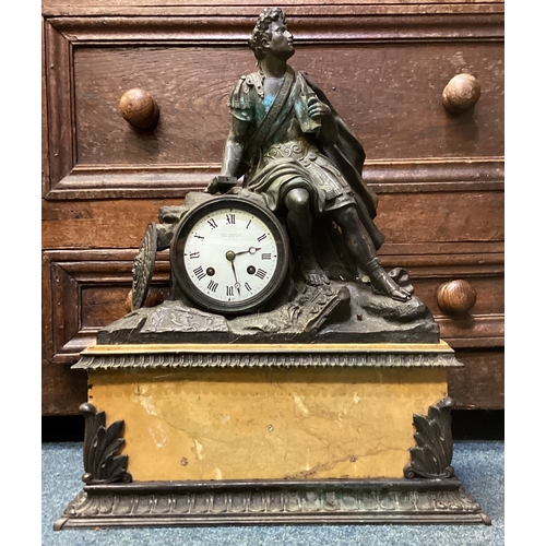 187 - A good bronze mantle clock with hardstone mount. Est. £100 - £150.