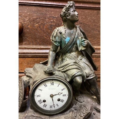 187 - A good bronze mantle clock with hardstone mount. Est. £100 - £150.