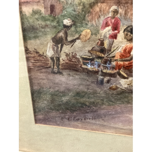 19 - F E FUREIELL?: A framed and glazed watercolour depicting an Indian village. Signed to bottom left. A... 