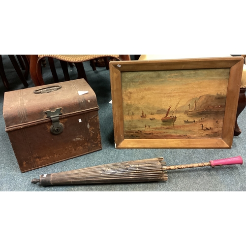 211 - A mixed lot consisting of an old tin trunk, parasol and an oil painting. Est. £10 - £20.