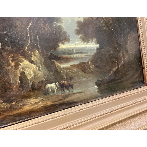 22 - ENGLISH SCHOOL: A gilt framed and glazed 19th Century oil on canvas depicting cattle in a glade. App... 