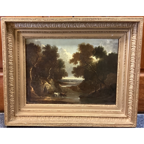 22 - ENGLISH SCHOOL: A gilt framed and glazed 19th Century oil on canvas depicting cattle in a glade. App... 