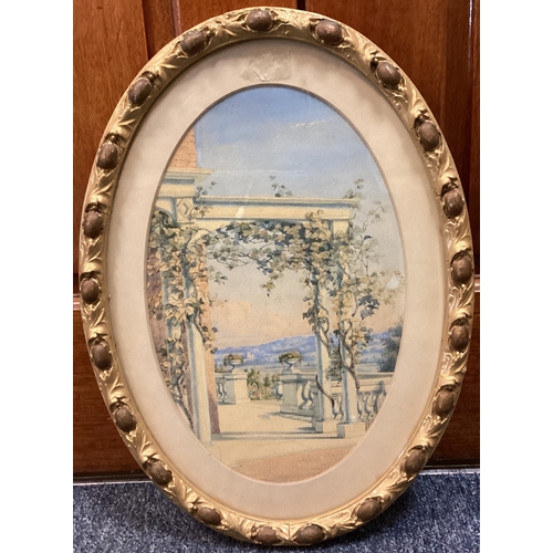 26 - Two framed and glazed oval watercolours; one depicting an Italian veranda scene. Apparently unsigned... 