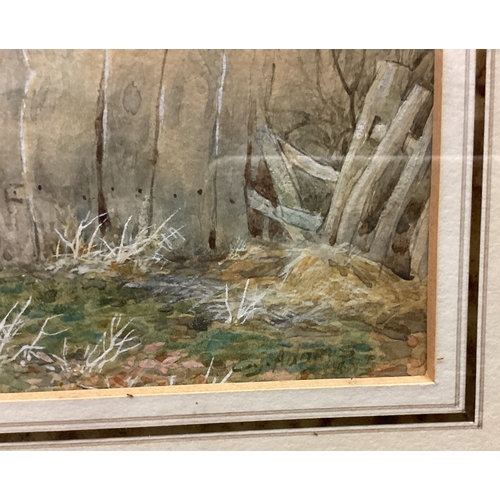 30 - CHARLES JAMES ADAMS: (British, 1859 -1931): A framed and glazed watercolour depicting sheep near an ... 