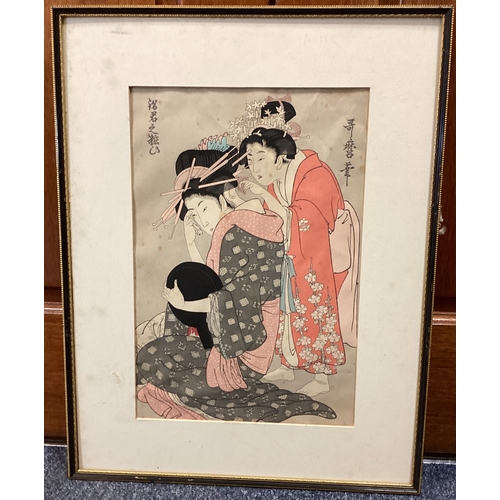 36 - A framed and glazed woodblock print depicting Japanese ladies. Approx. 25 cms x 37.5 cms (ss). Est. ... 