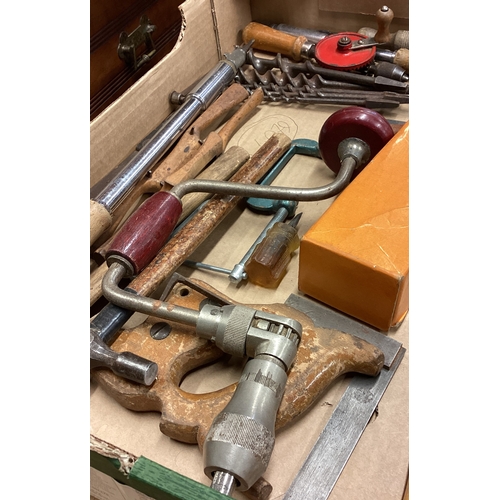 455 - A box containing old woodworking tools. Est. £20 - £30.