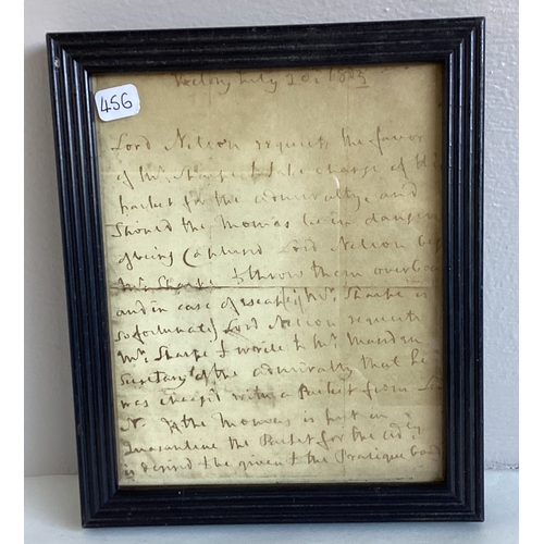 456 - A framed and glazed copy of a letter written from the Victory by Lord Nelson dated Wednesday July 20... 