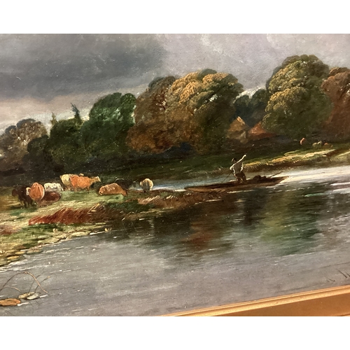 49 - WILLIAMS: A gilt framed and glazed oil on canvas entitled 'Stormy Day on the Thames' depicting cattl... 