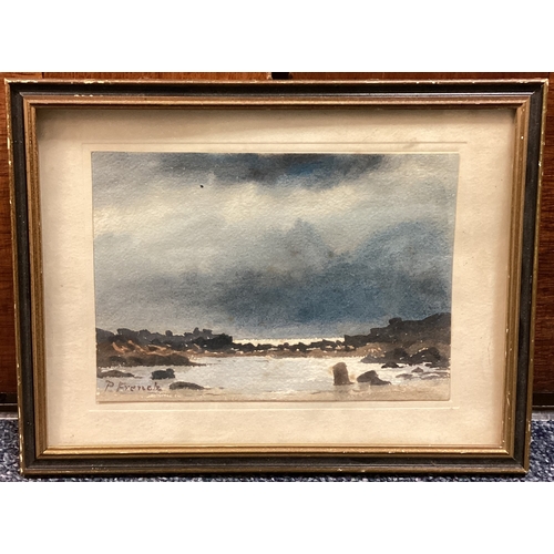 54 - PERCY FRENCH: (British, 1854 - 1920): A framed and glazed watercolour of a coastal scene. Signed to ... 