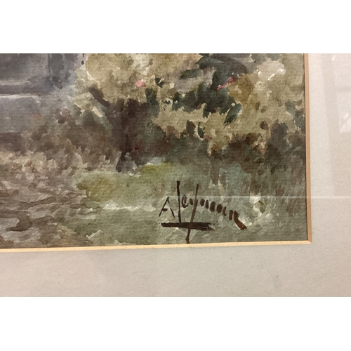 63 - ALFRED LEYMAN: (British, 1856 - 1933): A framed and glazed watercolour depicting a thatched cottage ... 