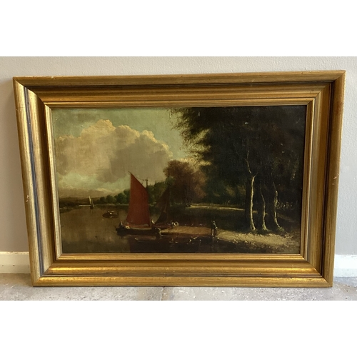 73 - NORWICH SCHOOL: Possibly Stannard? An oil on canvas depicting wherries on a river. Signed to bottom ... 