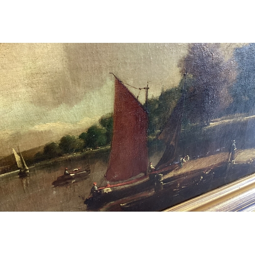 73 - NORWICH SCHOOL: Possibly Stannard? An oil on canvas depicting wherries on a river. Signed to bottom ... 