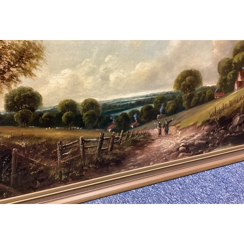 95 - LOWE ?: A framed oil on canvas depicting figures walking on a country path. Signed to bottom right. ... 