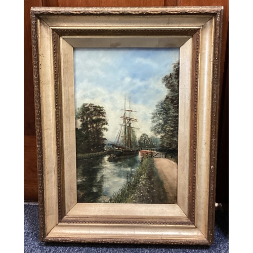 97 - A pair of framed and glazed oils on board depicting a sailing boat on canal and bridge with path. Ap... 