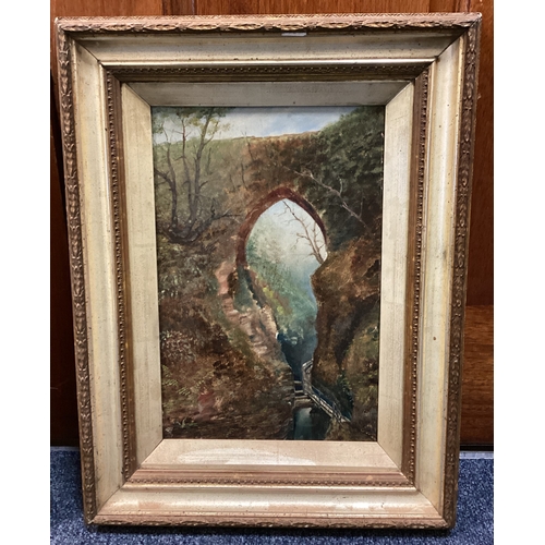 97 - A pair of framed and glazed oils on board depicting a sailing boat on canal and bridge with path. Ap... 