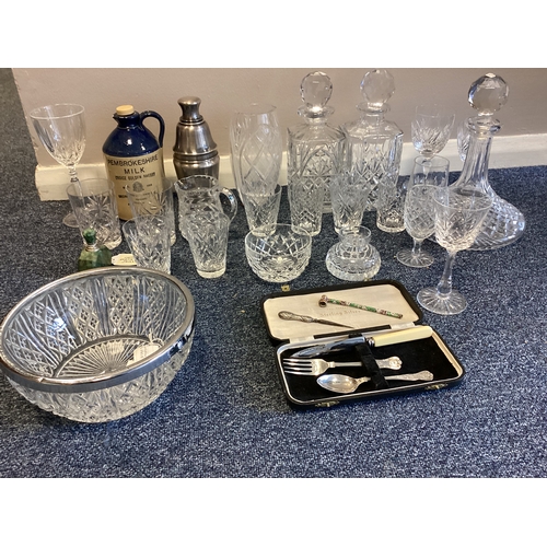 497 - A selection of glassware comprising various glasses and decanter together with a christening set, sc... 