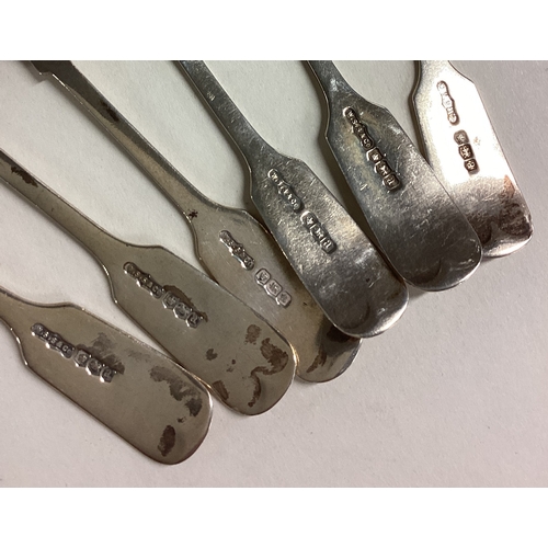 230 - A set of six silver fiddle pattern teaspoons. Sheffield. Approx. 101 grams. Est. £30 - £50.