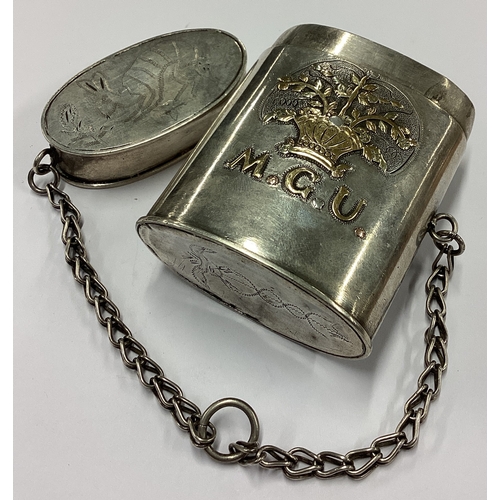 29 - An 18th Century silver and gold mounted snuff box on suspension chain. Approx. 100 grams. Est. £300 ... 