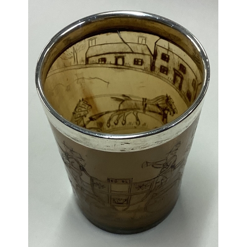 370 - An early silver mounted beaker engraved with horse riding scenes. Circa 1800. Approx. 75 grams of gr... 