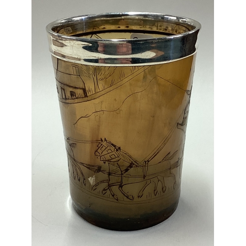 370 - An early silver mounted beaker engraved with horse riding scenes. Circa 1800. Approx. 75 grams of gr... 