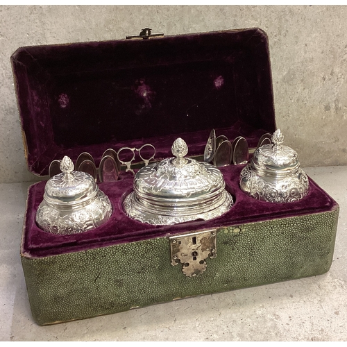 543 - A fine suite of three 18th Century silver tea caddies together with matching teaspoons, tongs and mo... 