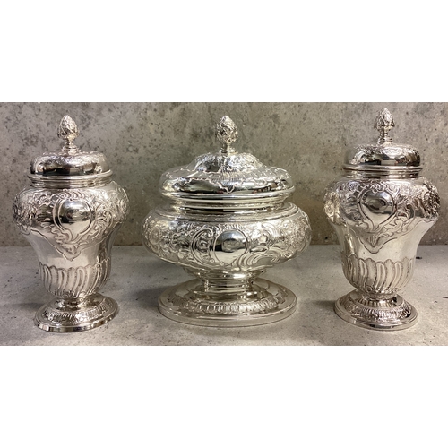 543 - A fine suite of three 18th Century silver tea caddies together with matching teaspoons, tongs and mo... 