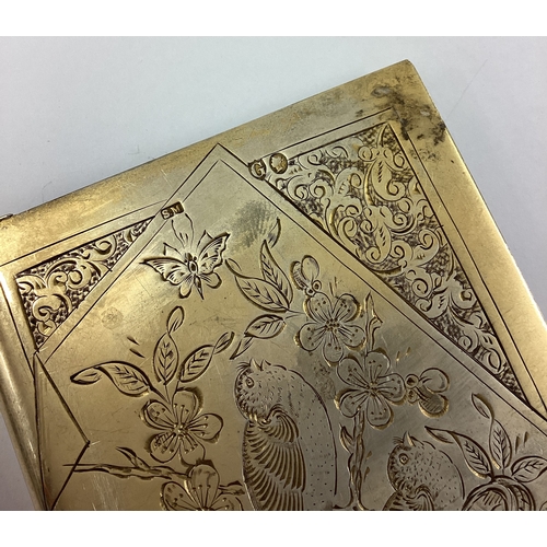 628 - An Aesthetic Movement novelty silver gilt card holder engraved with birds in the Japanese style. Lon... 