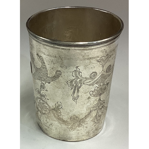 719 - MOSCOW: An 18th Century Russian silver beaker engraved with eagles and foliage. Approx. 68 grams. Es... 