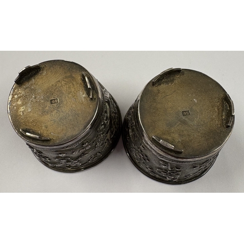 139 - A pair of 19th Century Chinese export silver vases with textured decoration. Marked to bases. Approx... 